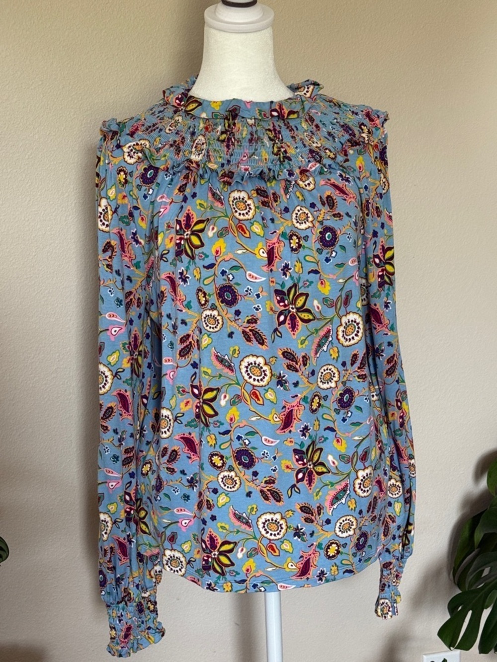 Boden Light Blue Floral Smocked-Neck Blouse, 10